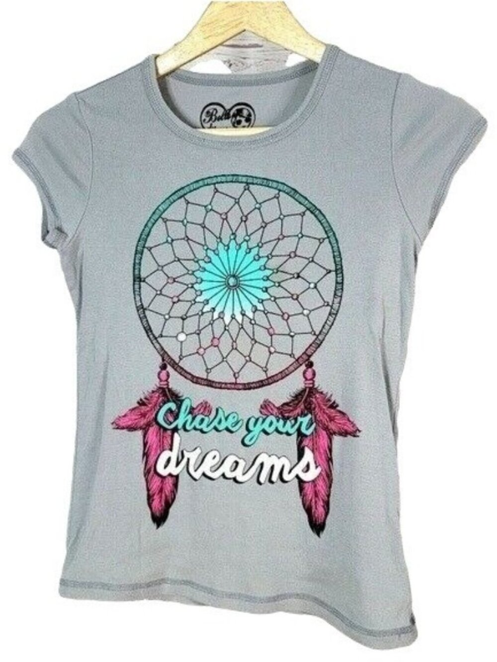 Belle du Jour Girls Dreamcatcher Top Gray Large Cap Sleeve Chase Your Dreams